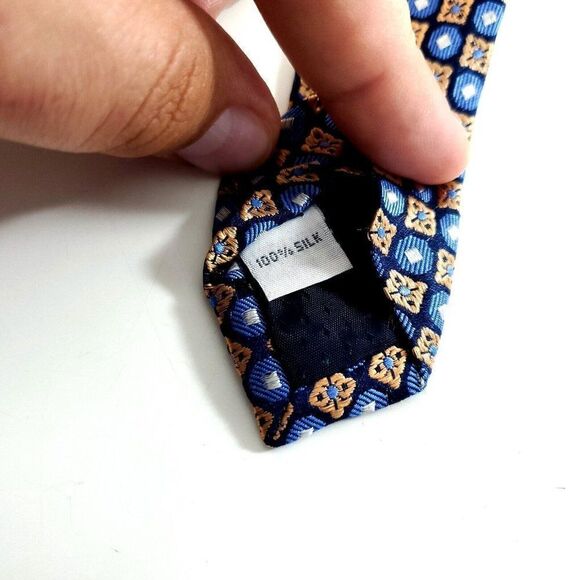 Egara Tan Blue Woven Geomeric Floral Silk Tie - Picture 4 of 6